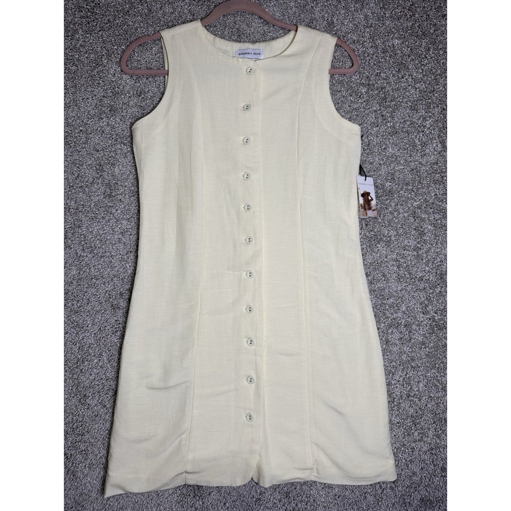 Sincerely Jules Linen Blend Button Front Mini Dress Pale Yellow Womens XS NWT